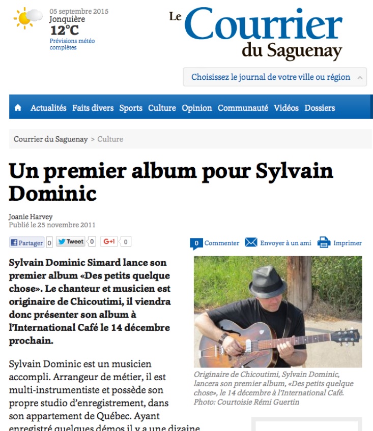 Sylvain Dominic diffusion de son premier album Des petits quelque chose dans le Courrier du Saguenay